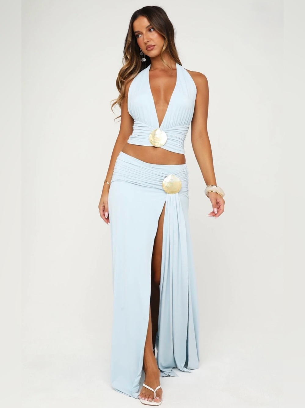 White Fox Marina Whisper Halter Top and Maxi Skirt Ice Blue Set I NEW WITH TAGS